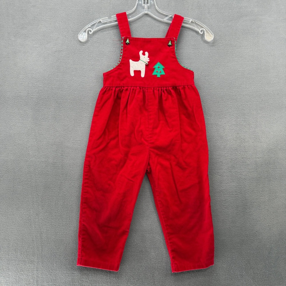 Vintage Ruth Scharf Red Corduroy Holiday Reindeer Overalls Christmas Kids USA